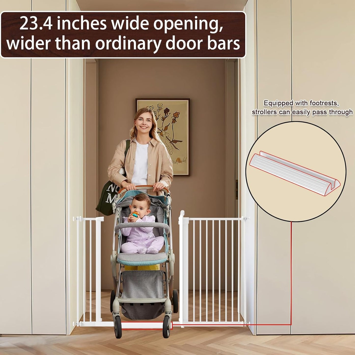 DEARBB Extra Wide Baby Gate Ultra Narrow Spacing 30.11-77.36" Pressure Mounted Double Lock Swing Auto Close Walk Through Metal Safety Pet Gate for Stairs and House Doorway Kitchen