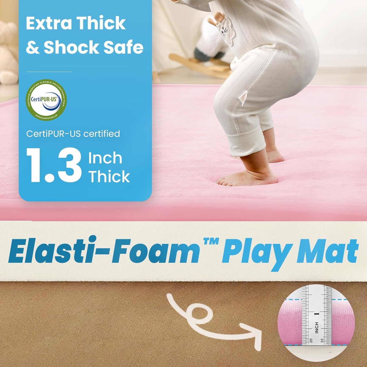 1.3" Thick Baby Play Mat,Ultra Soft Elasti-Foam 50×50 Playpen Mat for Tummy Time,Water-Repellent Coral Fleece Nursery Rug for Infants,Toddlers,Kids,Non-Slip Safe for Crawling(Pink)