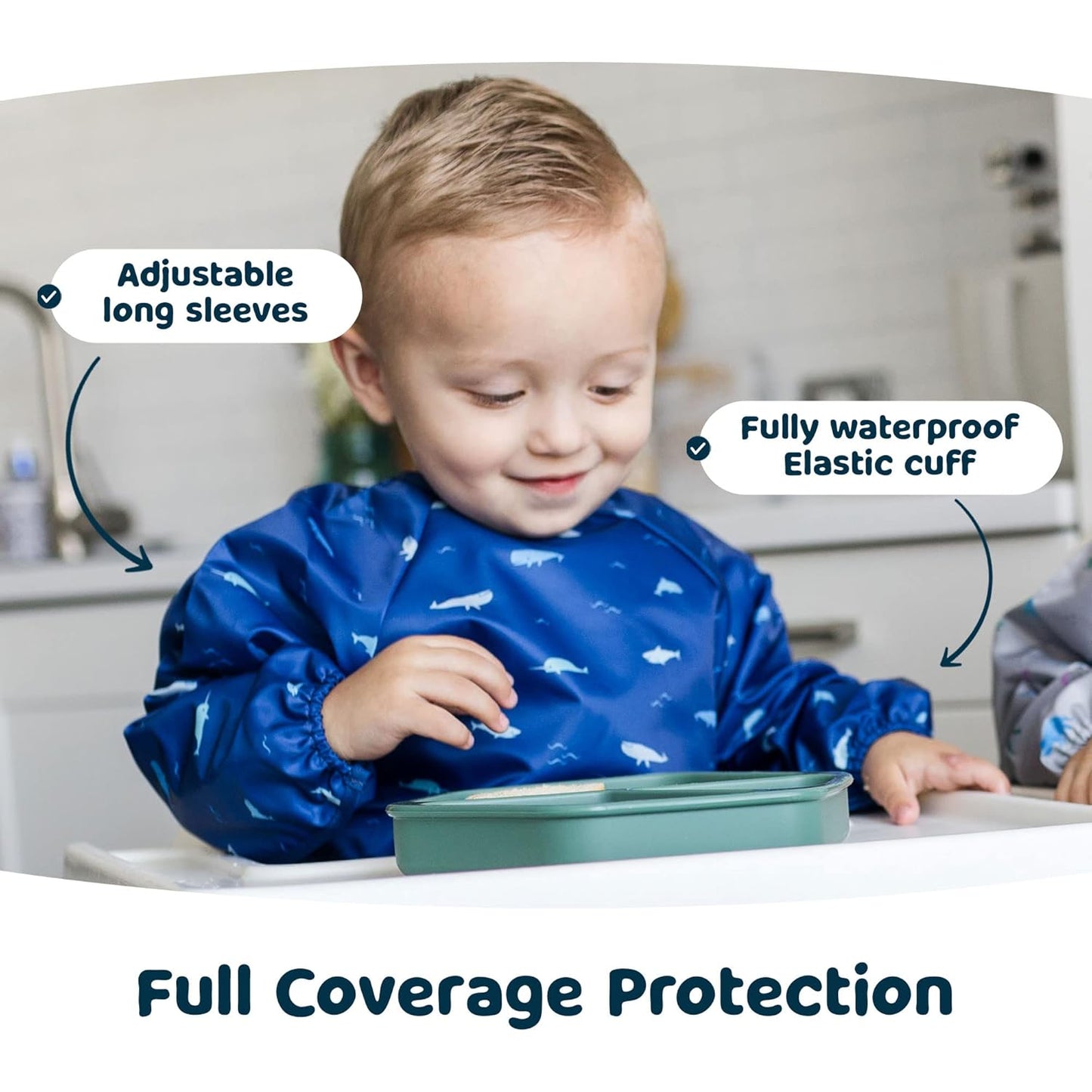 Tiny Twinkle Mess Proof Baby Bib,Waterproof Smock Baby Bib for Eating,Machine Washable Long Sleeve Bib,Baby Led Weaning,Toddler Bib,BLW Supplies(Ocean Life, Small 6-24 Months)