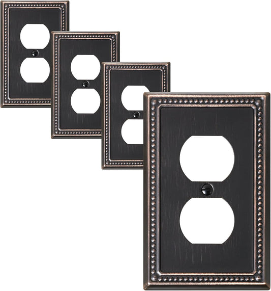 4-Pack Duplex Outlet Cover Plate, Aged Bronze Metal Wall Plates for Electrical Outlets, 1 Gang Receptacle Light Switch Cover, Pearls Decorative Switch Plates and Outlet Covers