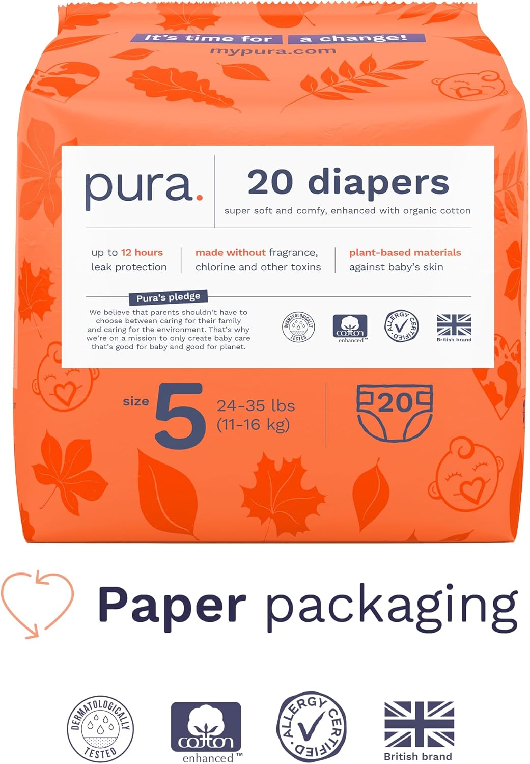 Pura Size 5 Eco-Friendly Diapers (24-35 lbs) Totally Chlorine Free (TCF), Hypoallergenic, Soft Organic Cotton, Sustainable, up to 12 Hours Leak Protection, Allergy UK, 6 Packs of 20 (120 Diapers)