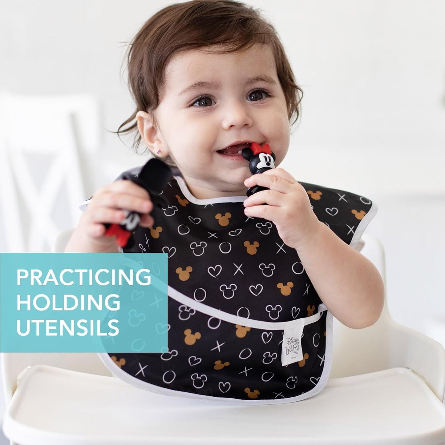 Bumkins Disney Baby Utensils Set, Chewtensils Silicone Spoons for Dipping, Self-Feeding, Baby Led Weaning, Trainer Learning, First Stage Eating, Soft Fork and Spoon, Babies 6 Months, Minnie Mouse