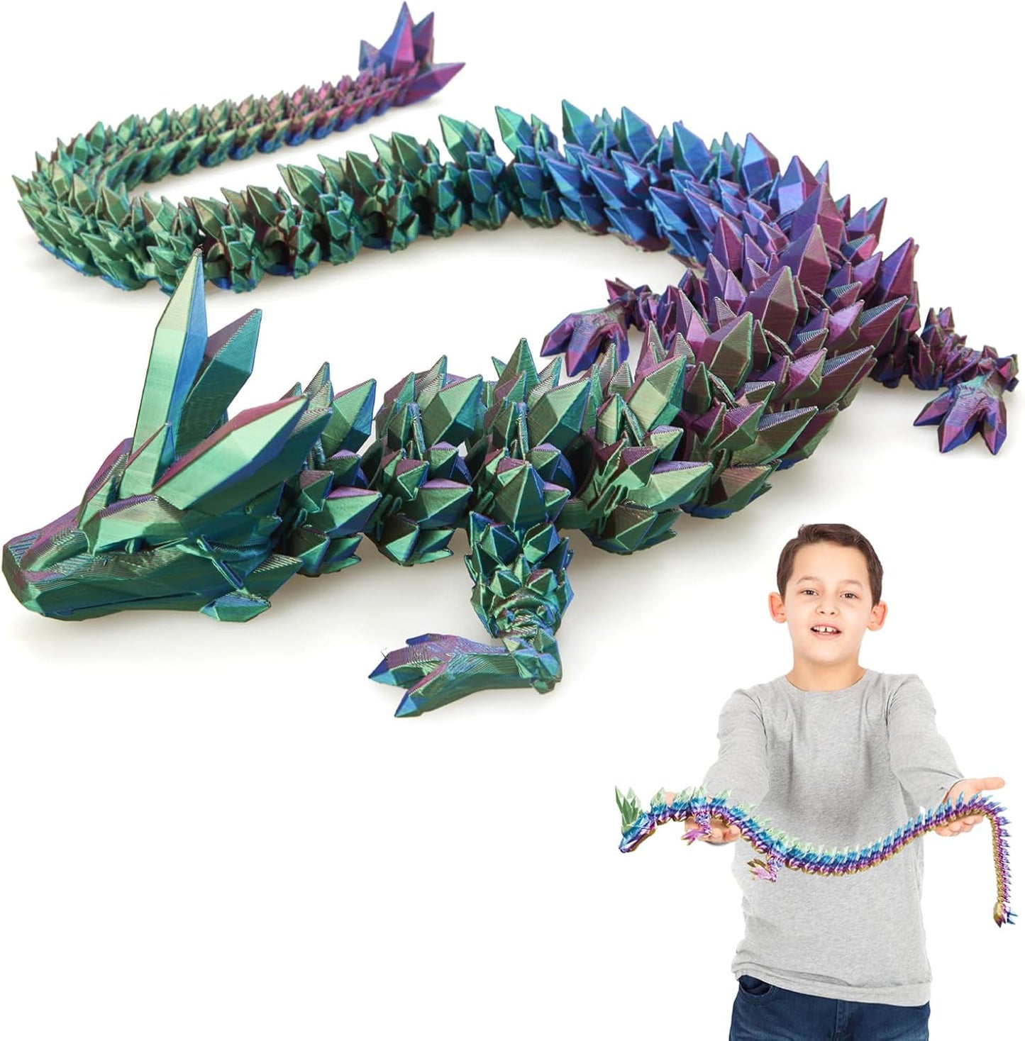 3D Printed Dragon, 3D Dragon,24 Inch 3D Printed Fidget Dragon, Bigger Fidget Crystal Dragon Toys, 3D Printed Articulated Dragon for Home Office Car Desk Decor Toys (Red Yellow Blue)