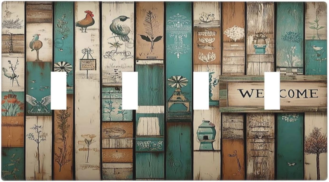 Light Switch Covers Vintage Wood Brown Turquoise Splicing Quad Toggle Electrical Faceplate 4 Gang Wall Plate Decorative Switch Plates For Farmhouse Cabin Decor