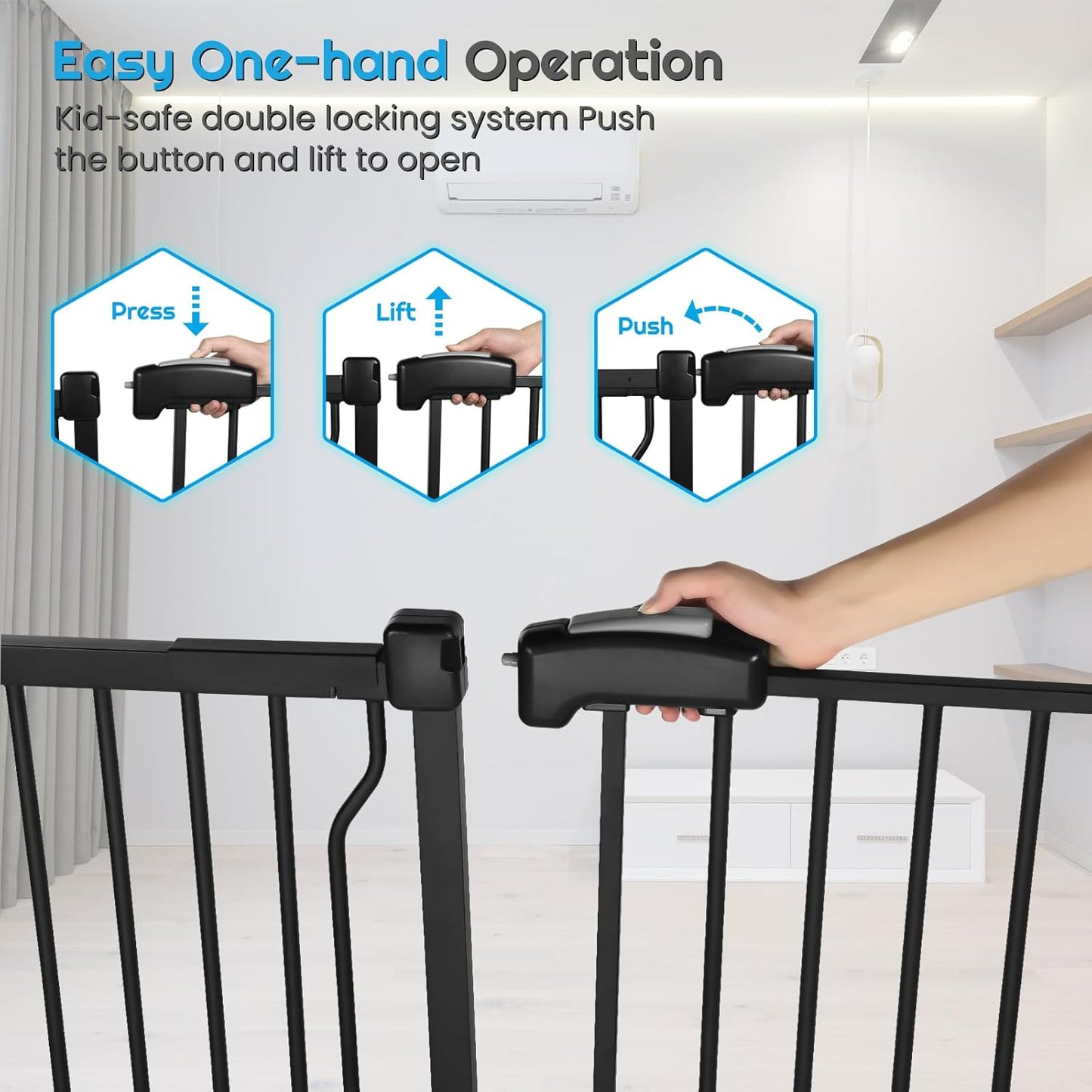 Extra Wide Baby Gate for Stairs Doorways with Door, 30" Tall 75.8-85" Wide Easy Install Dog Gate Indoor, Safety Metal Pressure Mounted Pet Gate with Walk-Thru Auto Close for The House, Black