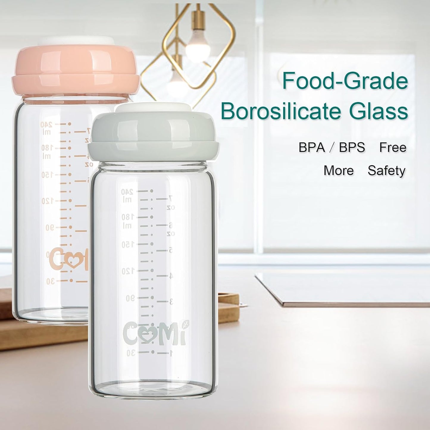 COMI Wide Neck Glass Breastmilk Collection n Storage Bottle, 8oz with Screw Ring Sealing Disk; Re-markable Sealing Disc. BPA Free, Fits Breast Pumps & Nipples (4 Gray Lids)