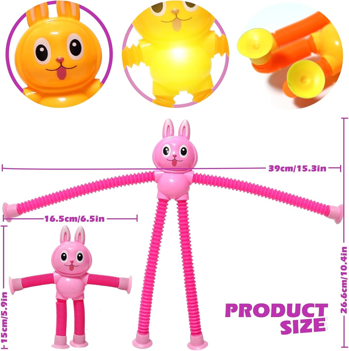 Easter Bunny LED Pop Tubes Light Up 4 Pcs Sensory Fidget Toys, Telescopic Suction Cup Easter Basket Stuffers Easter Egg Fillers Toys Party Favors Game Prizes Goody Bags Treats Gifts for Kids 3+