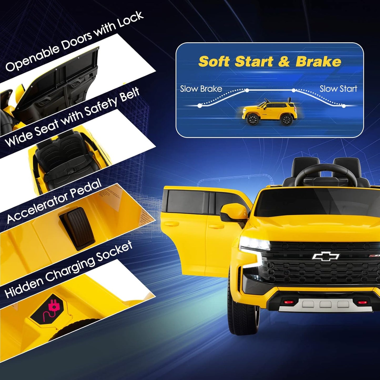 Costzon Ride on Car, 12V Licensed Chevrolet Tahoe Battery Powered Electric Vehicle w/ 2.4G Remote Control, High/Low Speed, Music, Lights, MP3/USB/FM, Spring Suspension, Electric SUV for Kids (Yellow)