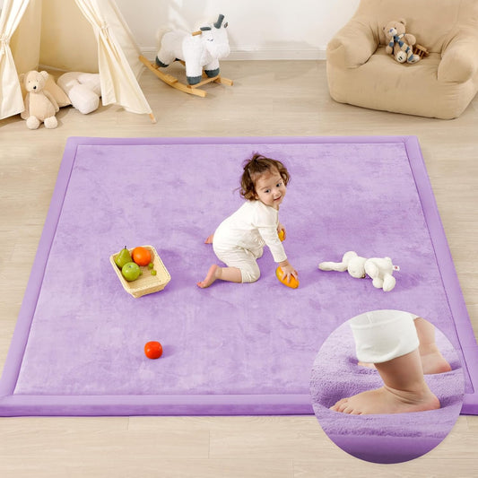 Ultra Soft Baby Play Mat,1.3" Thick Elasti-Foam Tummy Time Mat for Infants,Toddlers,Kids,Water-Repellent Coral Fleece Nursery Rug,Non-Slip Safe for Crawling&Hardwood Floors(Lavender)