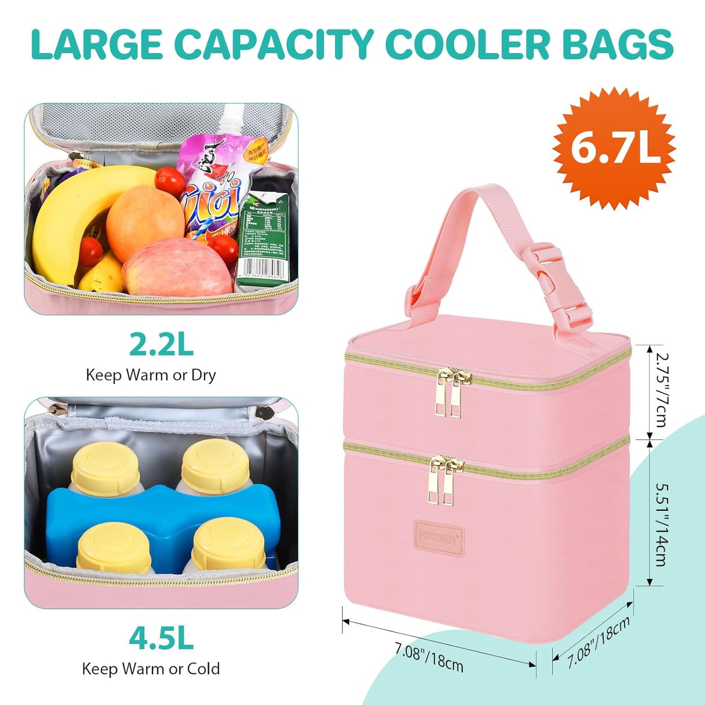 PIIOSER Breast Milk Storage Cooler Bag with Ice Pack, Fits 4 Baby Bottles Up to 5 Ounce, Small Insulated Breastmilk Cooler Travel Bag with Handle Buckle for Nursing & Working Mom Daycare(Pink-XS)