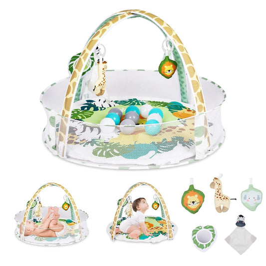 Baby Play Mat, 4-in-1 Baby Play Gym Tummy Time Mat with Ball Pit and 5 Detachable Toys for Newborn to Develop Sensory Exploration and Motor Skill 0-6-12 Months