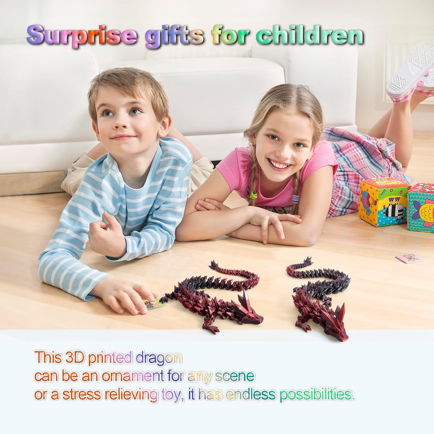 Large 30" 3D Printed Dragon,Articulated Crystal Dragon,3D Dragon Toy,Dragon Collection, Executive Desk Decor (Black-Red)