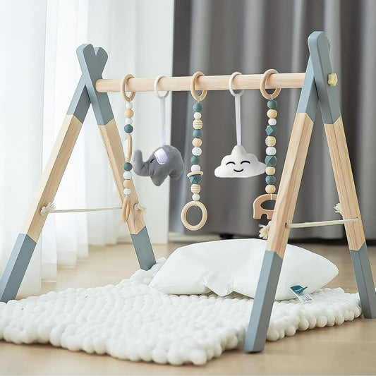 Wooden Foldable Baby Play Gym Frame Activity Hanging Bar With 5 Toys - Natural for Newborn (Grey)