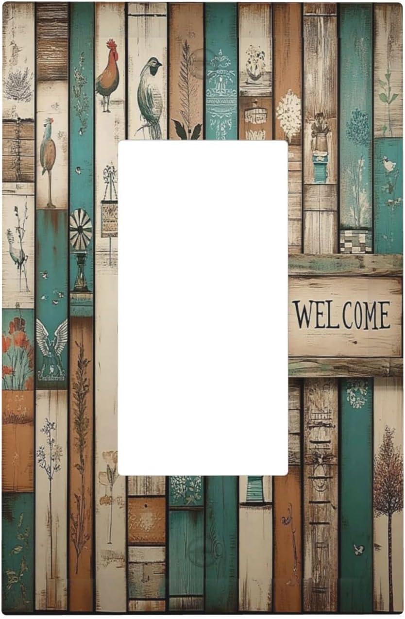 Decorative Outlet Covers Vintage Wood Brown Turquoise Splicing 1 Gang Single Rocker Light Switch Cover Plate Wall Plates Gfci Faceplate For Farmhouse Cabin Decor