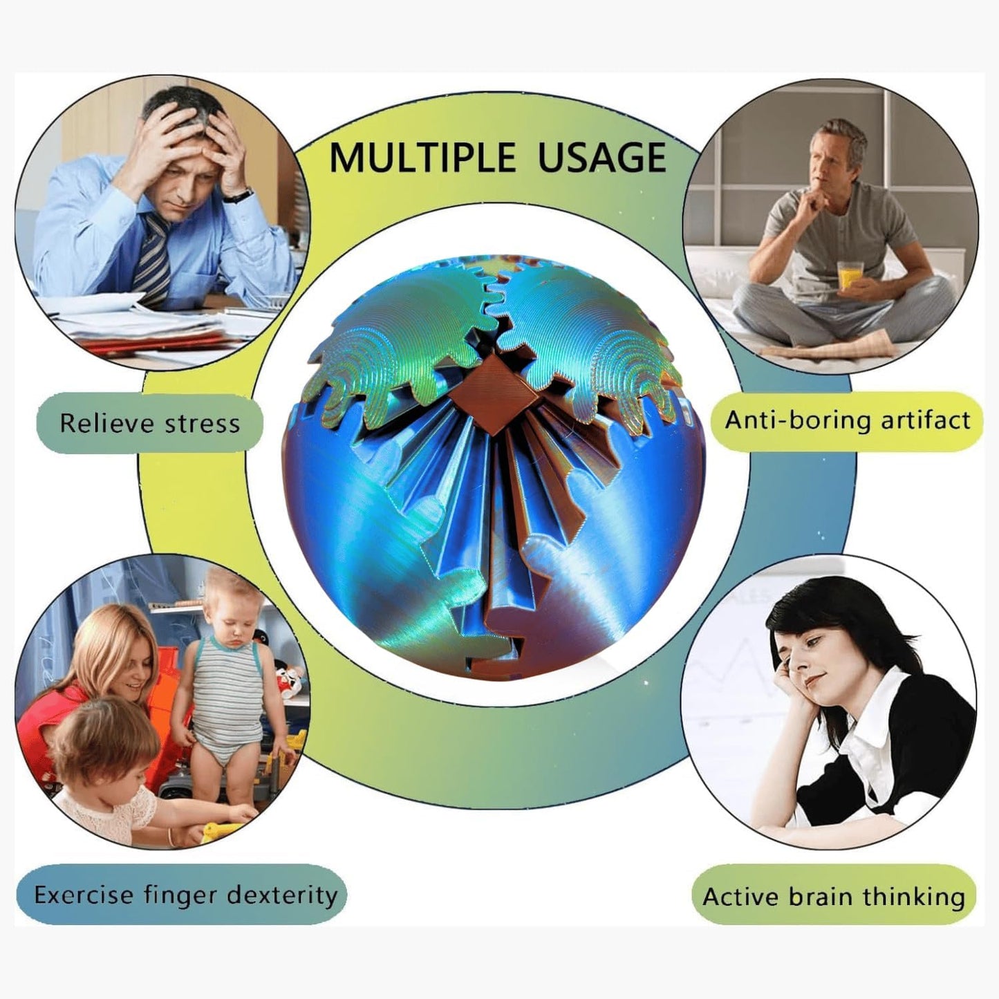 GearSphere 4.2in 3D Printed Gear Sphere Spin Ball Cube Fidget Toy, Stress Ball, Desk Toy for Anxiety Relaxing (Laser Blue Gold)