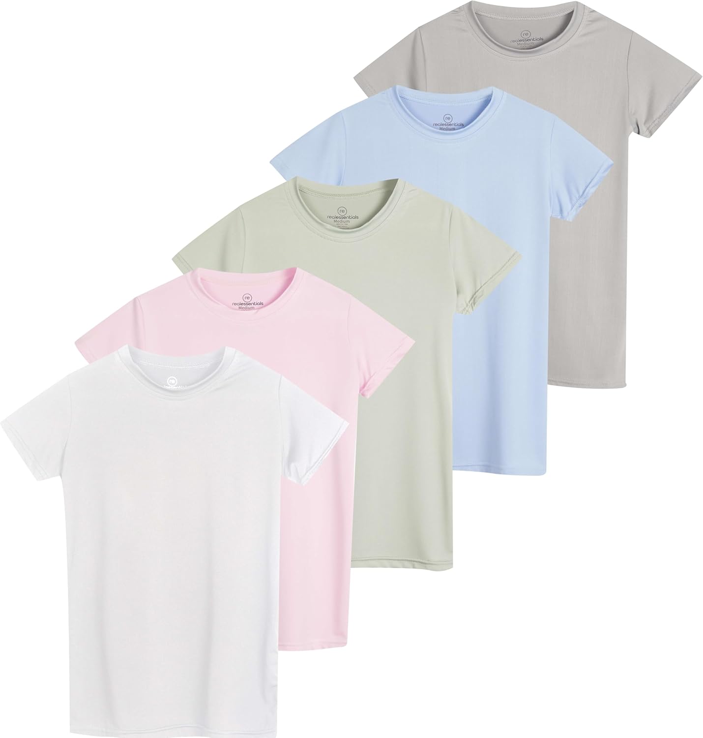 Real Essentials 5 Pack: Girls Short Sleeve Dry-Fit Crew Neck Active Athletic Performance T-Shirt
