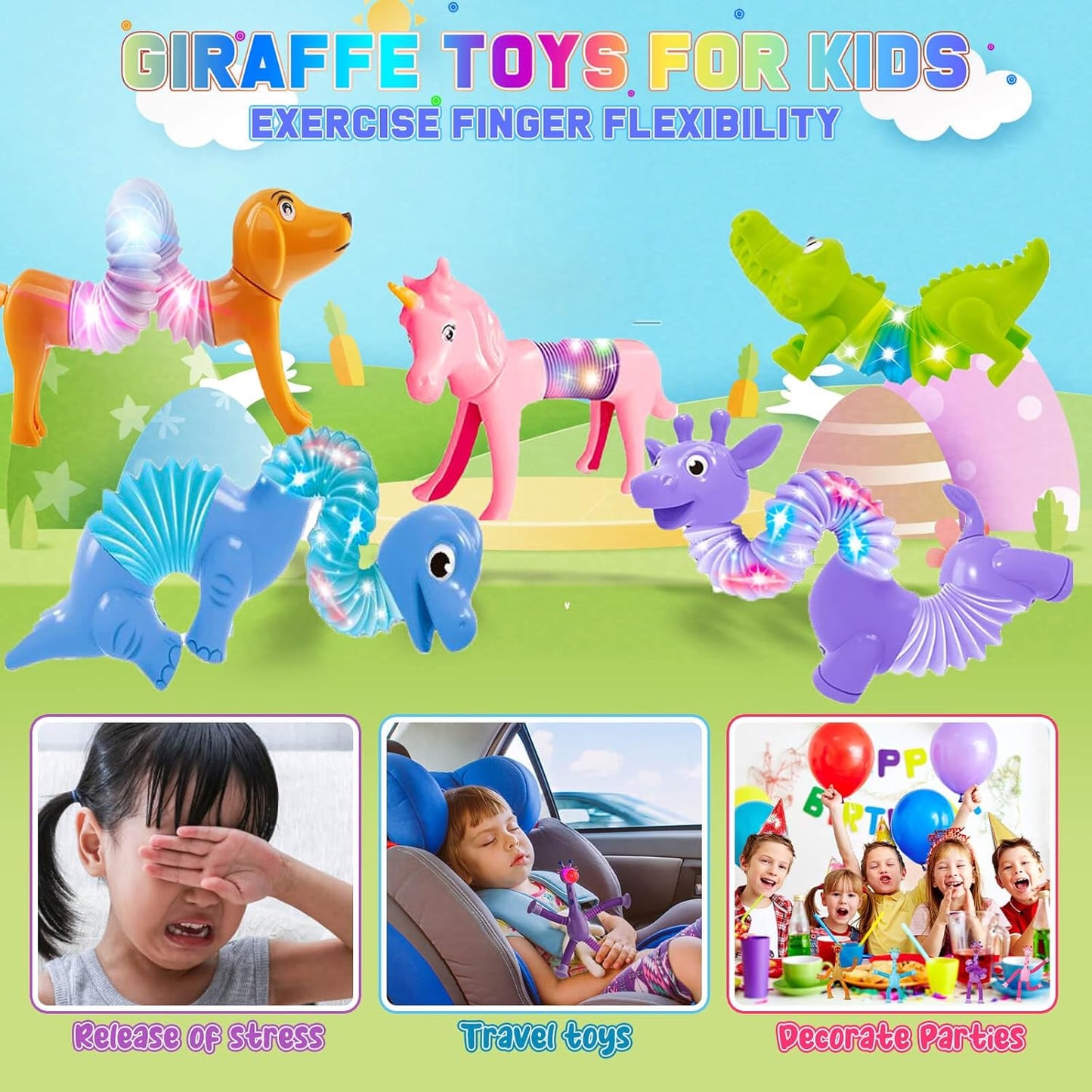 6 Pack LED Light Up Pop Tubes,Dog pop Tubes, Animal pop Tubes Fidget Toys,Sensory Tubes Fidget Toys for Kids,Toddler Sensory Toys,Fidget Tubes Party Favors,School Reward,Gift for Kids