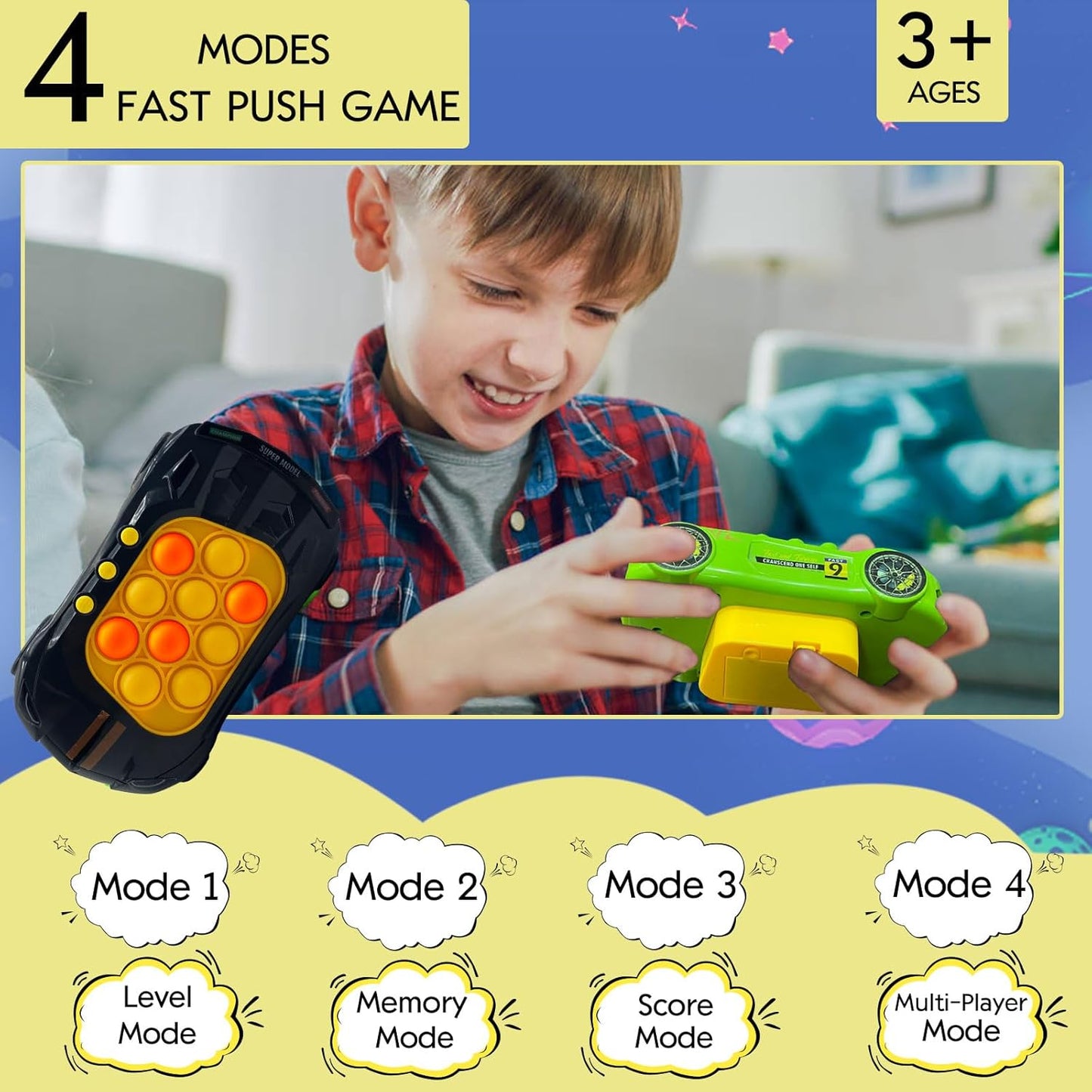 Quick Push Game Toys for Kids, Pop Fidget Toys Handheld Game for Children, Pop Fidget Sensory Toys, Push Bubble Light up Puzzle Game for Autistic Children,Gifts for Boy and Girl 3-12 (Black)