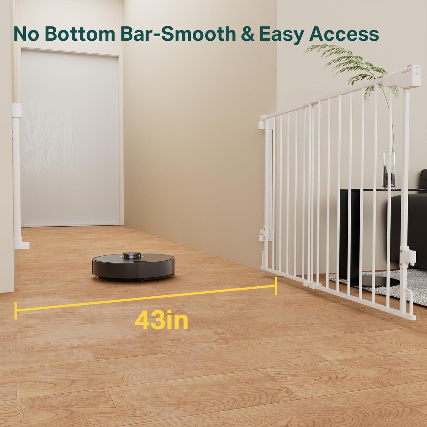 Cumbor 29.2-43" No Bottom Bar Baby Gate for Stairs, 2-in-1 Auto Close Dog Gate Indoor, Hardware Mounted Pet Gate for Doorways with Large Walk Thru Door, Child-Proof Safety Gate for Kids (White)