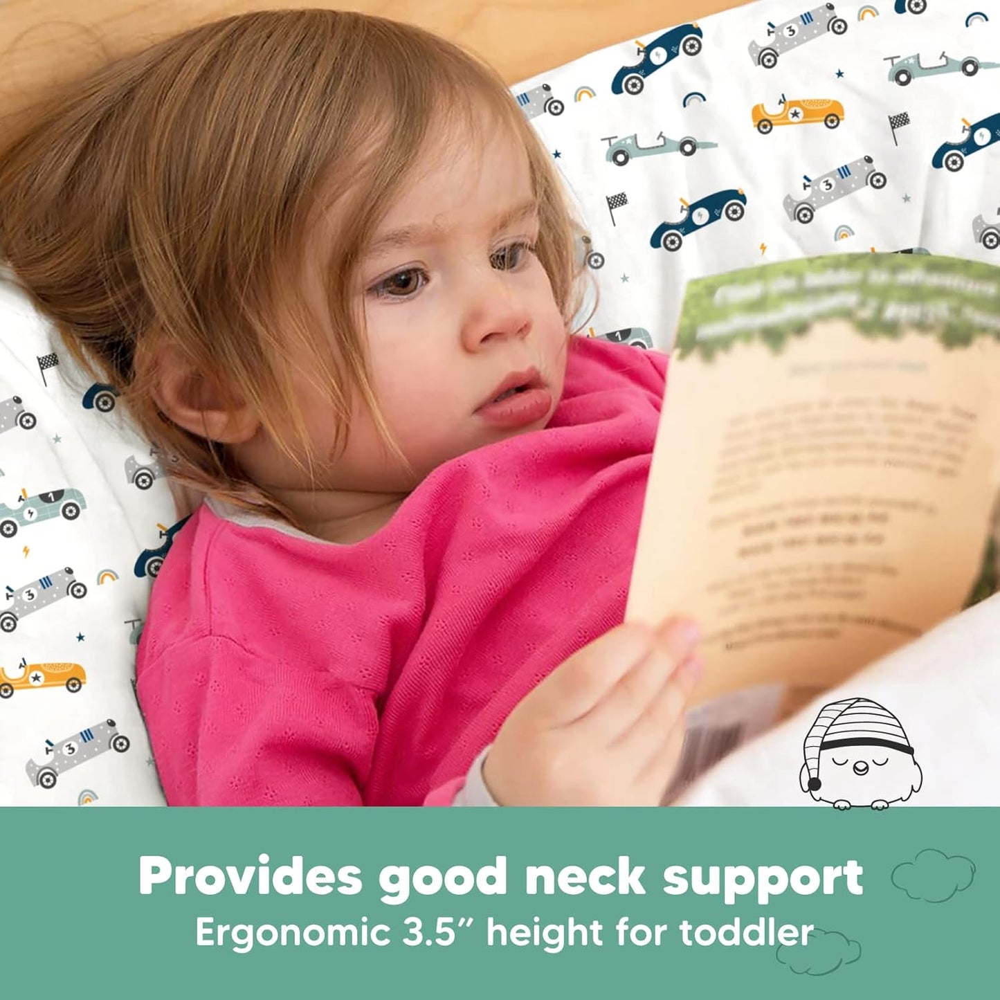 KeaBabies Toddler Pillow with Pillowcase, Jumbo 14X20 - Soft Organic Cotton Toddler Pillows for Sleeping - Machine Washable - Perfect for Travel, Toddler Bed Set (Racecars)