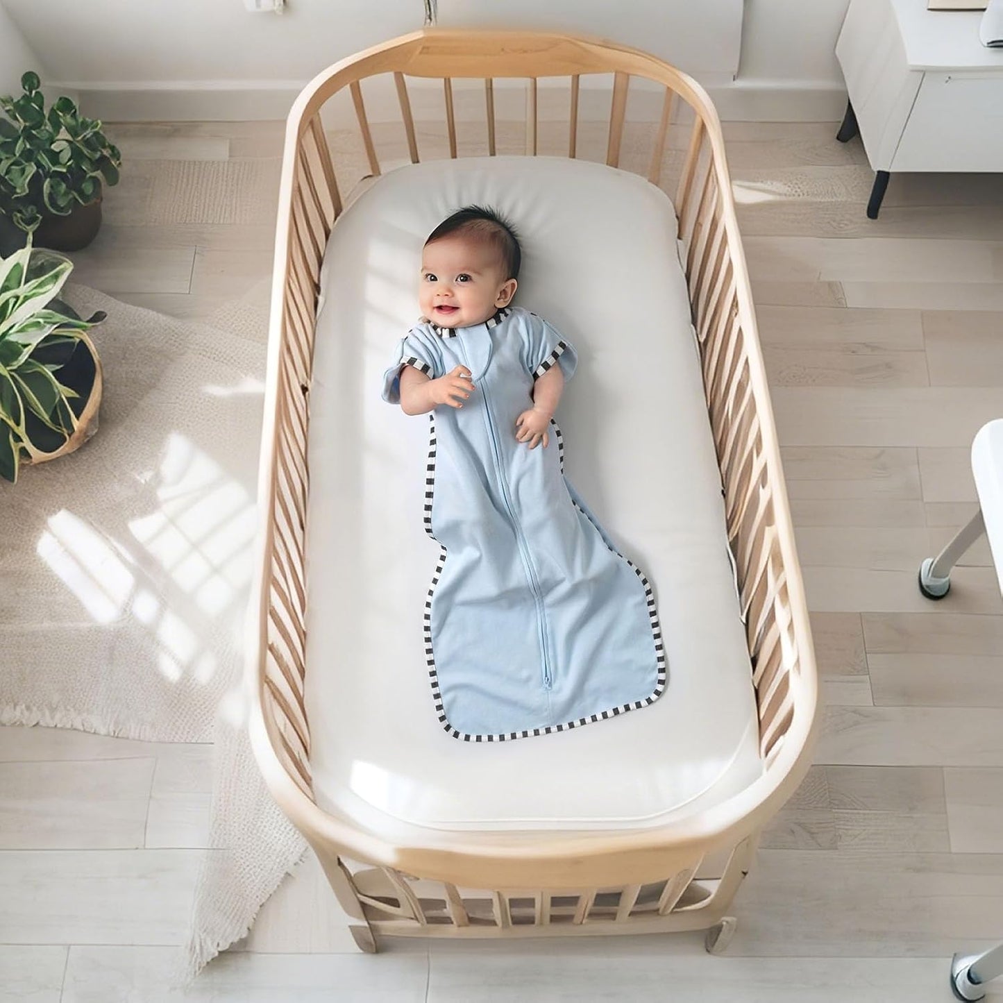 Transition Swaddle, 2 Pack 100% Cotton Baby Sleep Sack, 2-Way Zipper Infant Arm Up Swaddle for Newborn Baby Boys Girls (Blue + Green, M(3-6 Months))