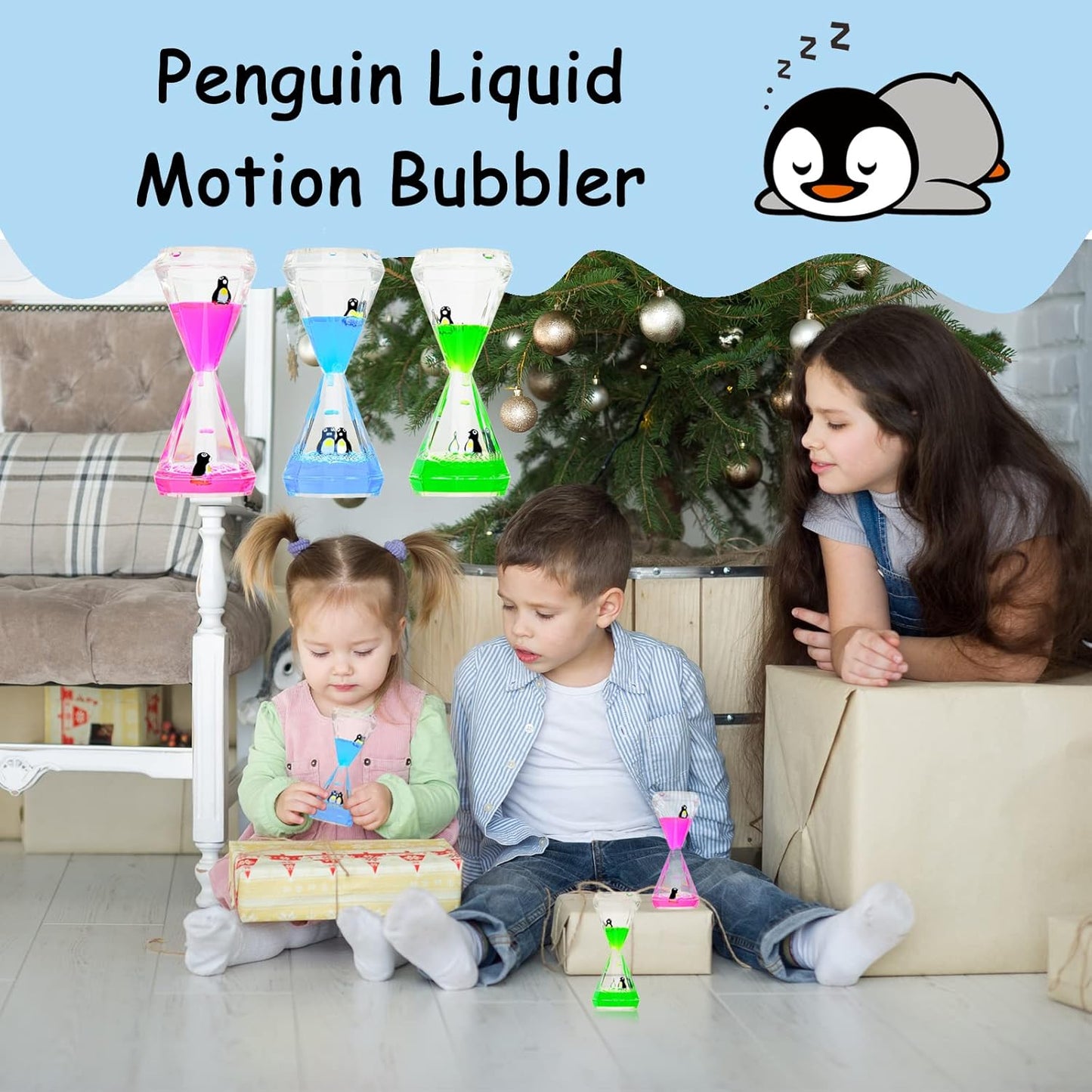 Liquid Motion Bubbler,3 Pack Diamond Shaped Penguin Liquid Timer for Sensory Play,Fidget Toy Stress Management for Kids and Adults,Colorful Calming Relaxing Hourglass