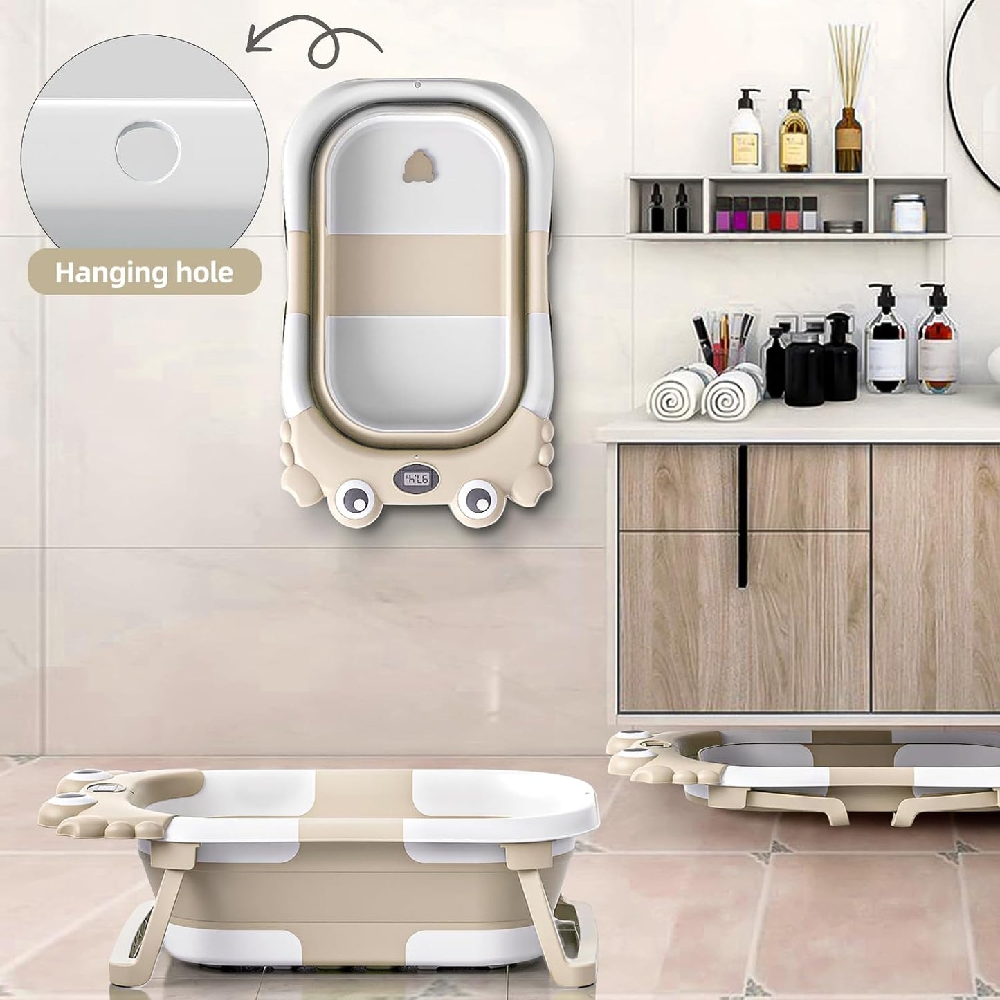 Collapsible Baby Bathtub for Infants to Toddler with Real-time Temp Monitor+Floating Cushion,Foldable Baby Bath Tub Set Applicable 0-36 Month,Portable Travel Baby Tub for Newborns Boy (Beige)