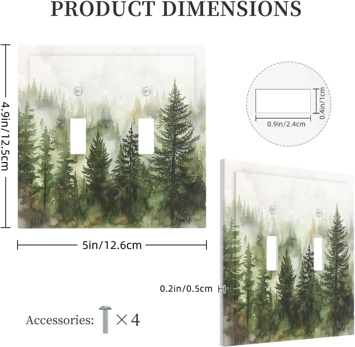 Decorative Switch Plates Green Forest Watercolor Painting Foggy Pine 2 Gang Double Toggle Outlet Light Switch Cover Wall Plate Electrical Faceplate for Bedroom living Room Decor