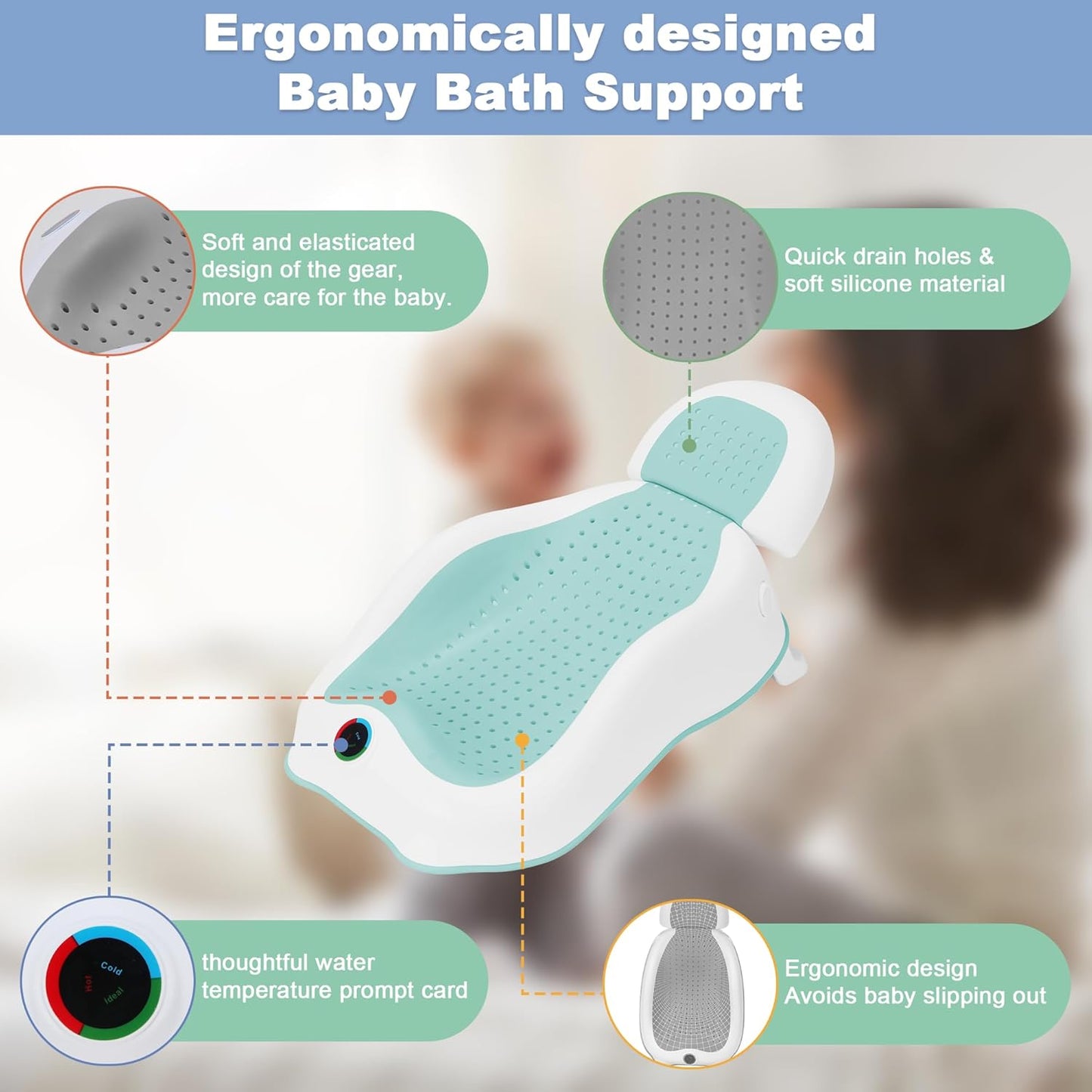 Baby Bath Support,Ideal for Babies Less Than 6 Months Old,with Thermometer-Adjustable Slope Newborn Bathtub, Baby tubs for Baby tubs for Newborn Essentials Must Haves (Green)