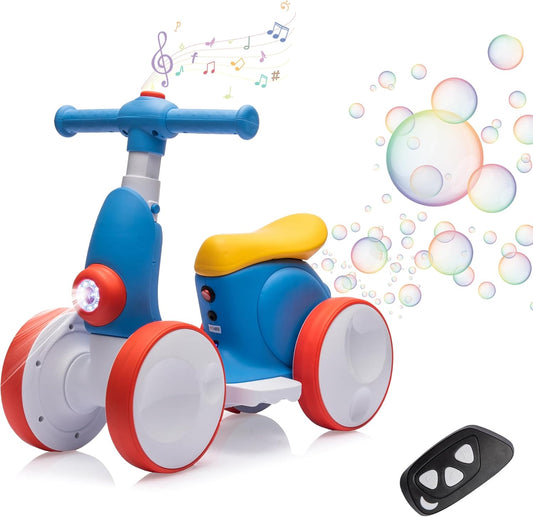 6V Electric Baby Balance Bike for 1 Year Old Boys Girls Ride on Toys 12-48 Months Toddler Balance Bike, 4 Wheels Kids First Bike with Remote Control First Birthday Gifts- Blue&Red