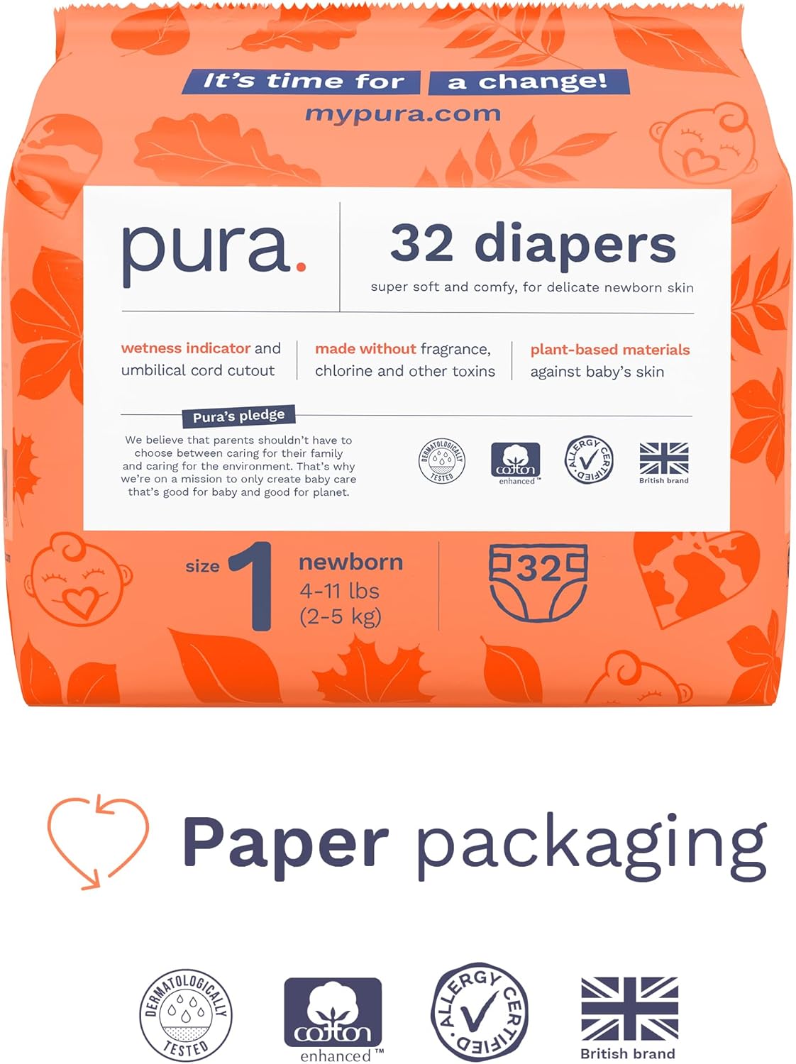Pura Hypoallergenic Diapers, Size 1 (4-11lbs), Newborn, Totally Chlorine Free, Wetness Indicator, Suitable for Sensitive Skin, Soft Organic Cotton Comfort, Overnight, 3 Packs of 32 (96 Baby Diapers)