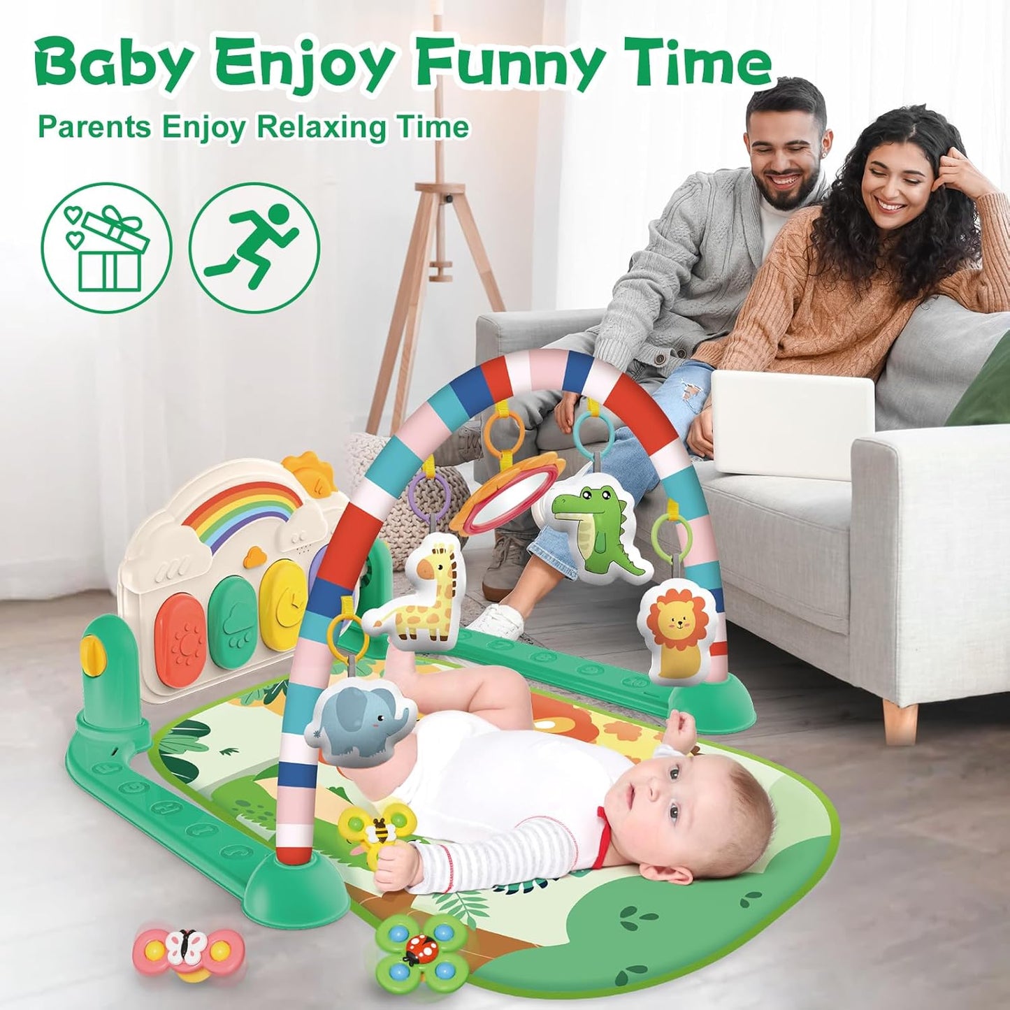 Baby Gyms Play Mats, Tummy Time Mat Toys, Infant Play Mat and Activity Gym, Baby Play Piano Gym Mat, Play Mats for Babies Newborns and Toddlers, Baby Activity Mat Toys 0-3-6-12 Months (Green)