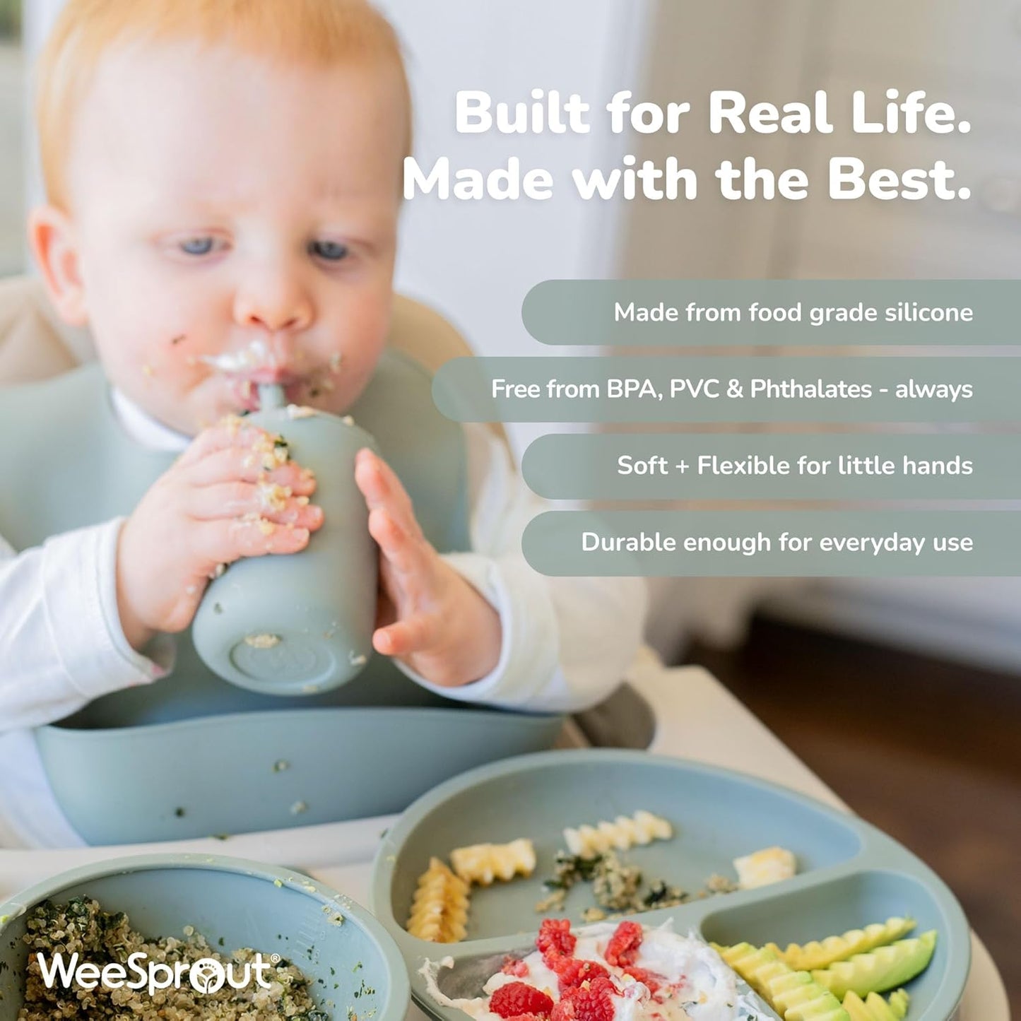 WeeSprout Silicone Baby Cups With Straws and Lids, 4 & 8 oz Options, Set of 2, Food Grade Toddler Training Container, Built In Straw Stoppers, Measurement Markings, Dishwasher Safe + Straw Cleaner