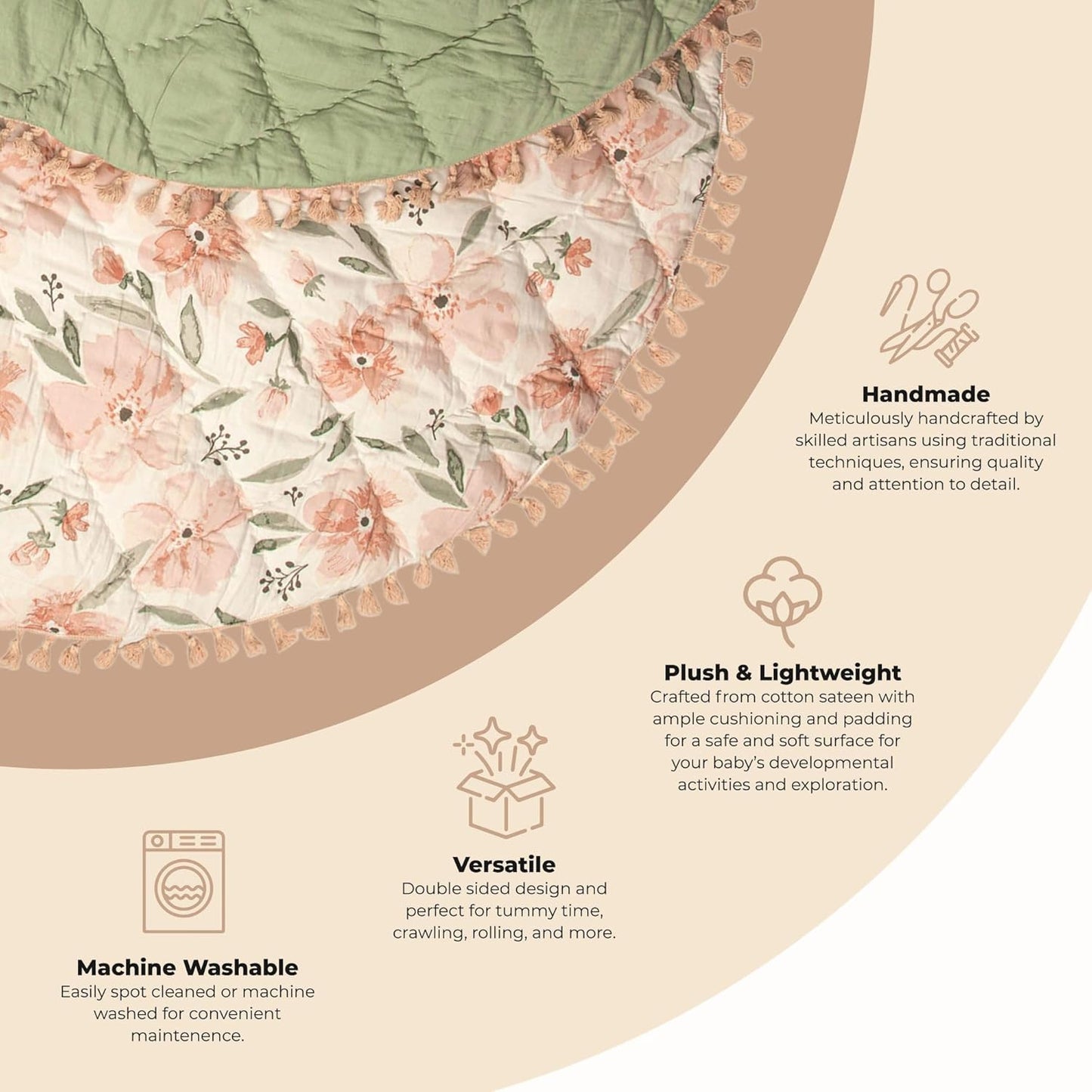 Crane Baby Padded Floor Mat, Pink Floral Nursery Decor, Activity Mat, 40" x 40", Baby Tummy Time, Baby Girl Nursery Essentials