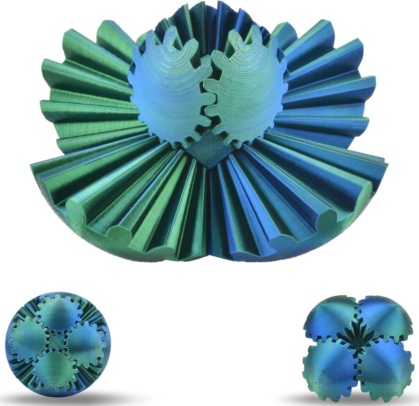 3D Printed Gear Sphere Ball – Colorful Gear Ball Fidget Gear Sphere Puzzle Cube Stress Relief Toy for Office and Home Decor Unique Gift Idea for Friends and Family (Blue&Green)