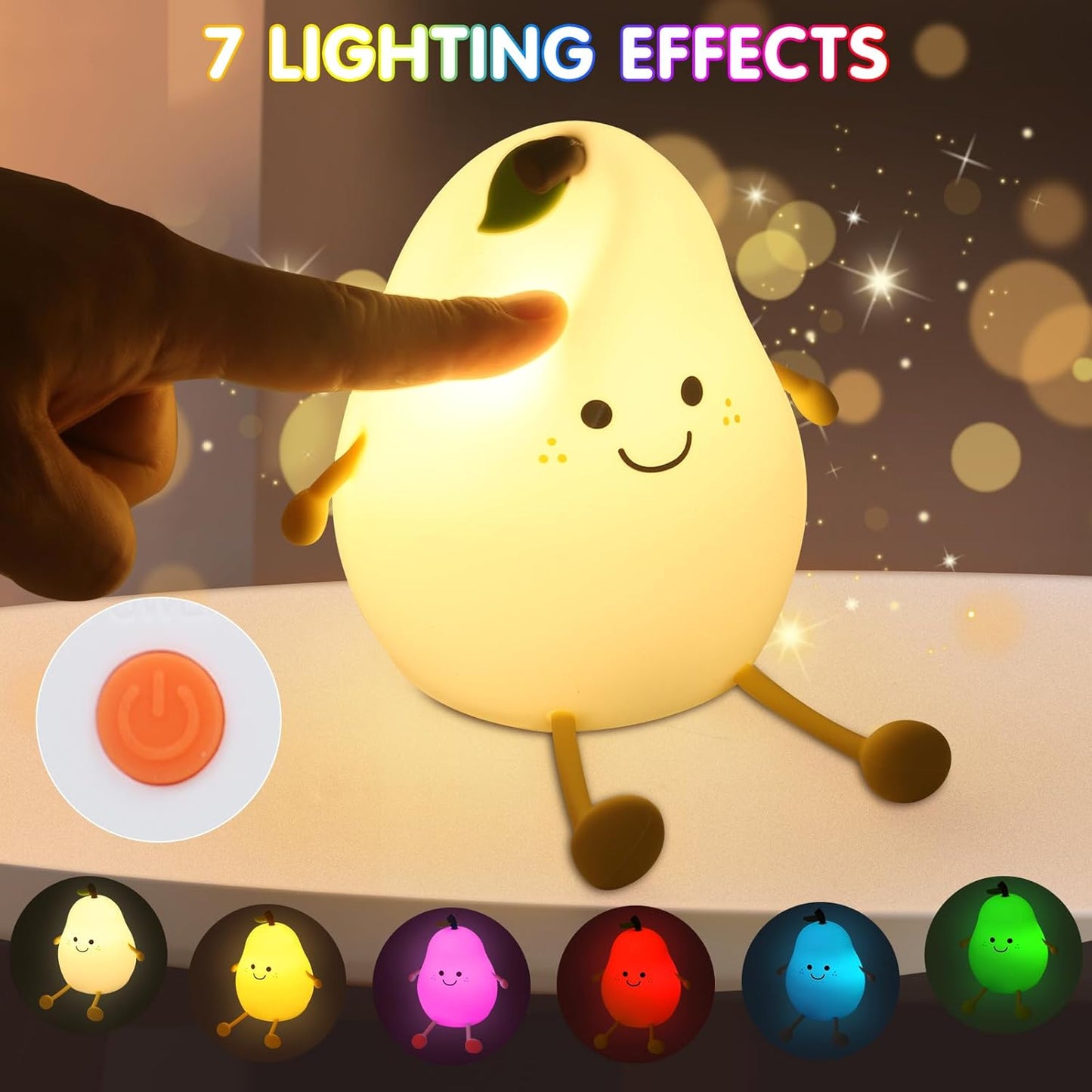 Night Light for Kids, 7 Color Changing BPA-Free Silicone Lamp with Touch Control, Eye Protection, Rechargeable Battery, Soft & Safe Nursery Lamp for Boys & Girls (Pear)