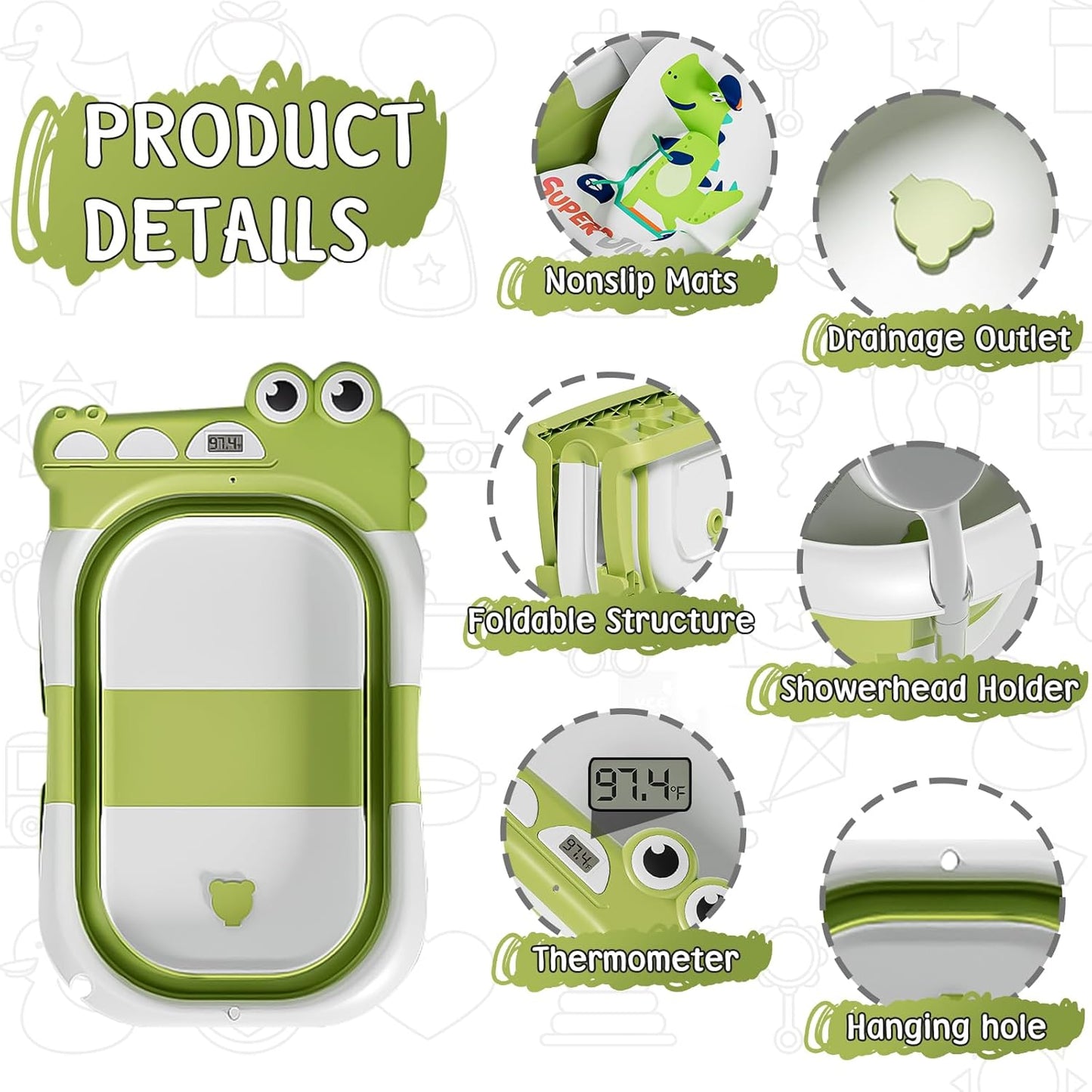 MoreFeel Collapsible Baby Bathtub for Newborn with Thermometer & 1 Hooded Towel & 1 Soft Floating Cushion,Portable Travel Bathtub with Drain Hole, Durable Foldable Baby Tubs for Infants to Toddler