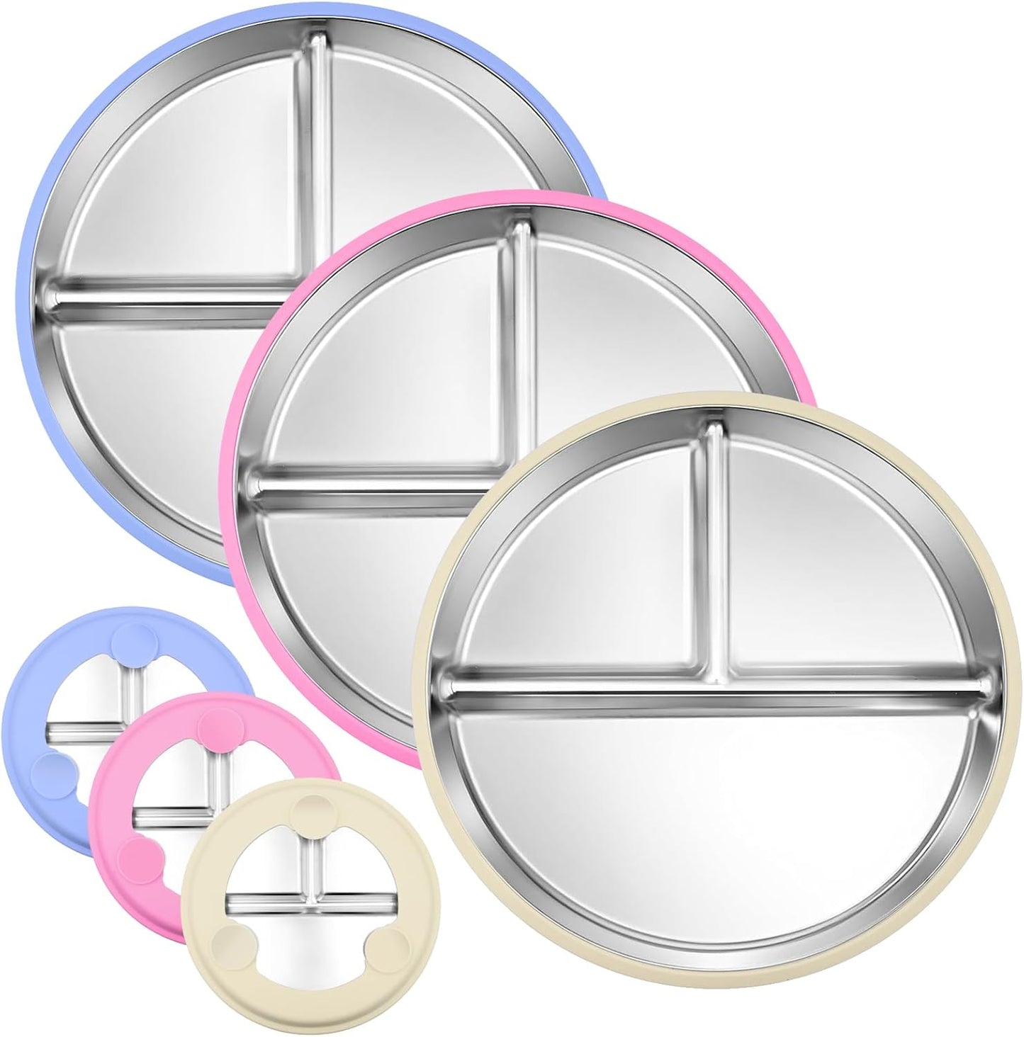3-Pack Stainless Steel Baby Plates with Suction, BPA-Free Stainless Steel Kids Plates, 9” Divided Toddler Plate for Dishwasher Safe, Non-Slip Silicone Base, Detachable Design (Blue, Pink, Beige)