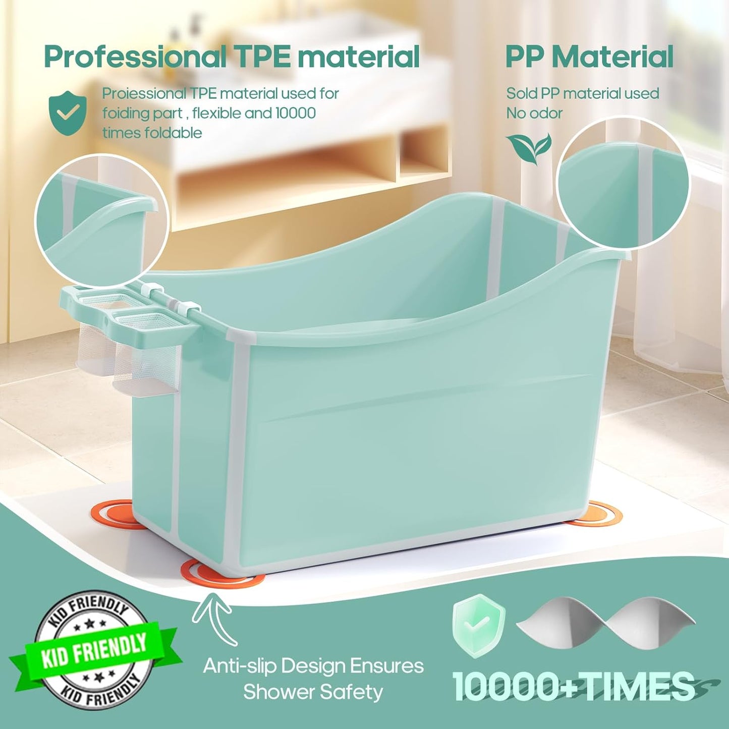 Collapsible Baby Bathtub Foldable Bathtub for Toddler Portable Large Foldable Bath Tub Bathtub for Kids Petite with Thermometer and Storage Basket (Green)