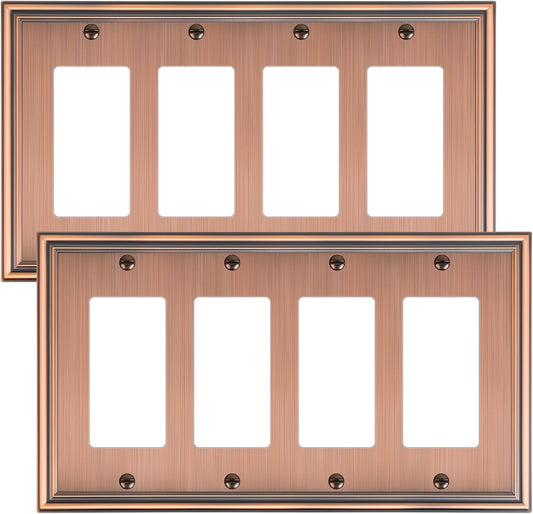 2-Pack Quad Decorator Outlet Cover Plate, Zinc Alloy Antique Copper Switch Plates and Outlet Covers, 4 Gang Wall Plates for Electrical Outlets, Receptacle, GFCI Outlet, Dimmer Switch