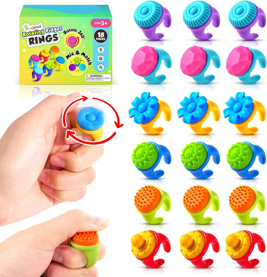 Fidget Rings Sensory Toys for Kids: 18 Pack Fidget Anxiety Spinner Rings- Autism Sensory Toy for Special Needs ADHD- Stress Relief Quiet Fidgets for Classroom- Small Treasure Box Prizes Travel Gifts