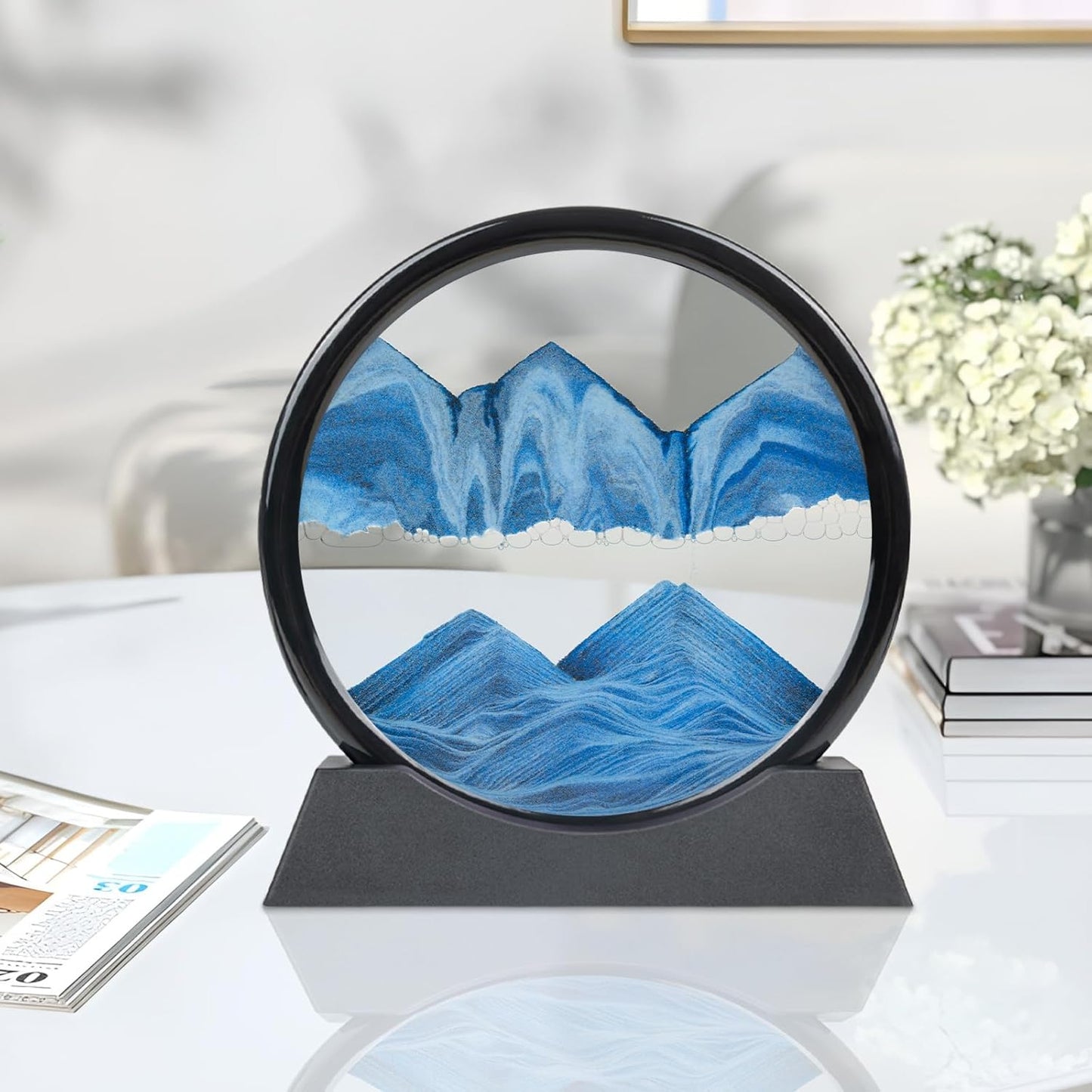 Drakswet Moving Sand Art Liquid Motion，Moving Sand Art Picture-3D Deep Sea Sandscape，Round Glass Frame Display Flowing Sand Relaxing Desktop Home Office Work Decor (Blue)