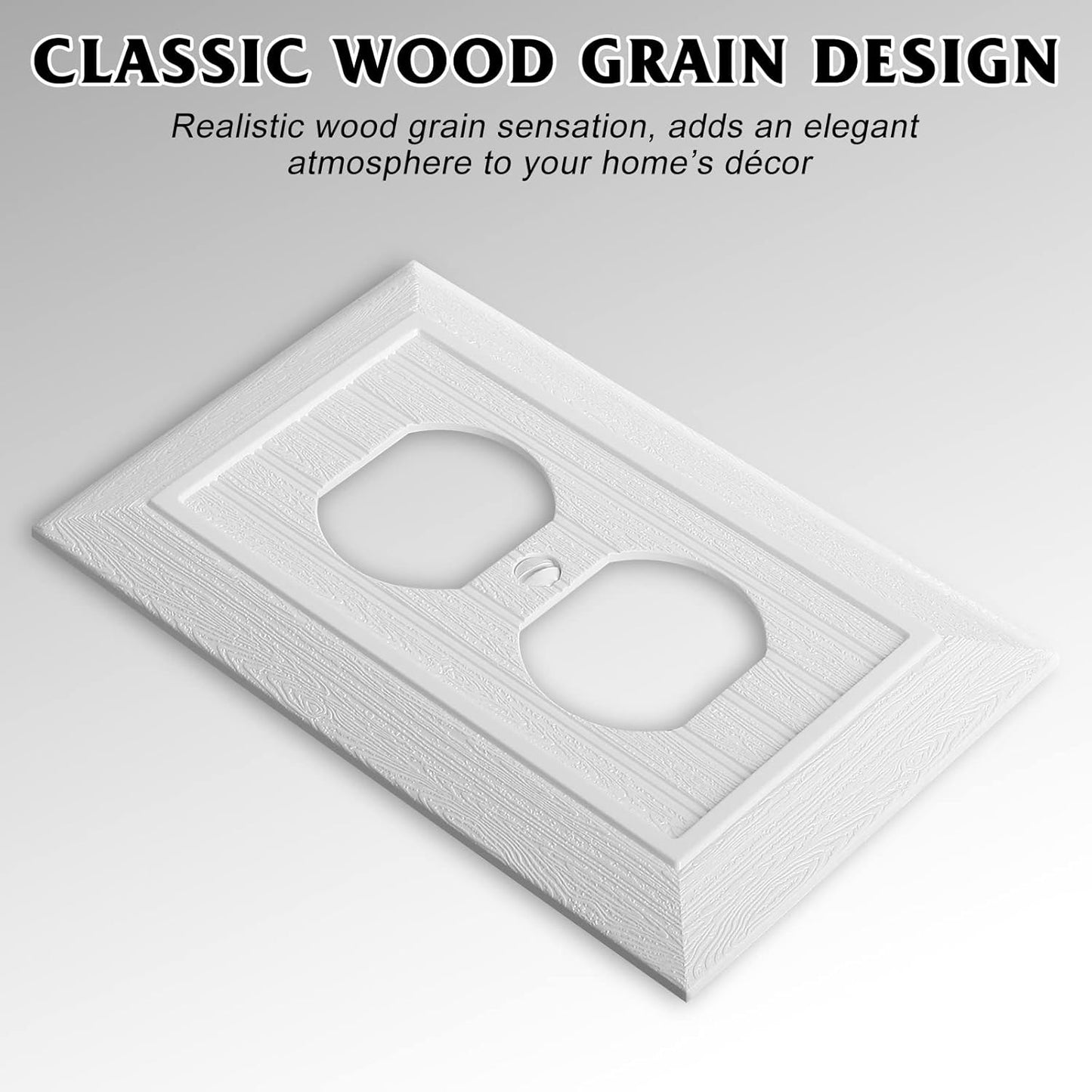 Modern Decorative Wall Plate Switch Plate Outlet Cover, Vintage Retro Wood Grain Design(Single Duplex-10 Pack, White)