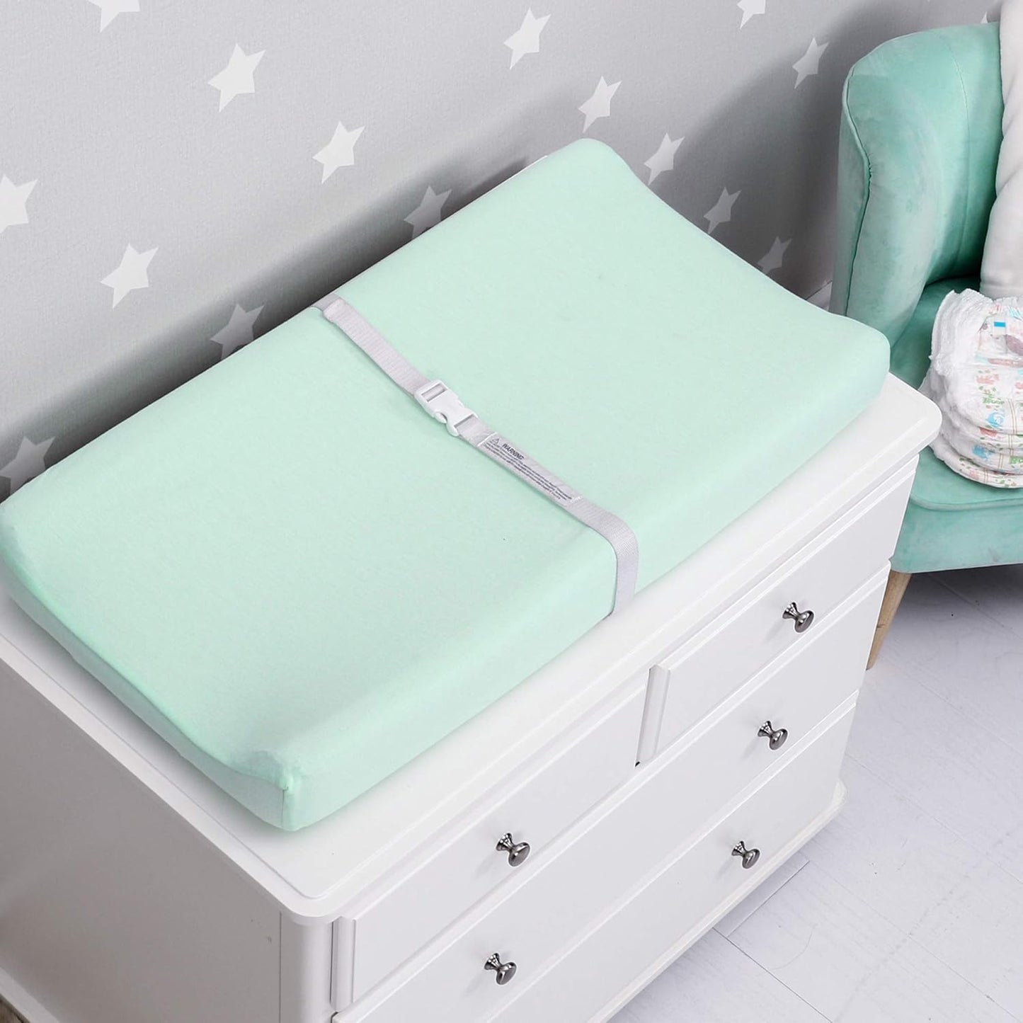 TILLYOU Changing Pad Cover Set in Soft Jersey Material - Fits 32"/34''x16 Contoured Pad for Babies, Lt Green & Lt Gray