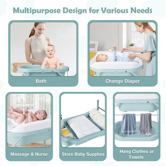 HONEY JOY Baby Changing Table with Bathtub, Foldable Infant Diaper Changing Station with Wheels, Storage Tray, Waterproof Pad, Portable Newborn Nursery Organizer Bath Stand for Boys Girls (Blue)