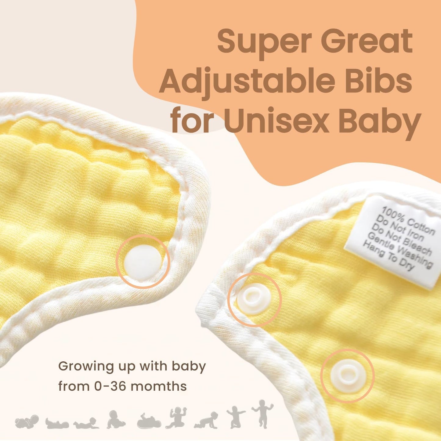 MUKIN Baby Drooling Towel, Snap Bibs, Muslin Bibs, 6 Pack, Adjustable, Soft Cotton