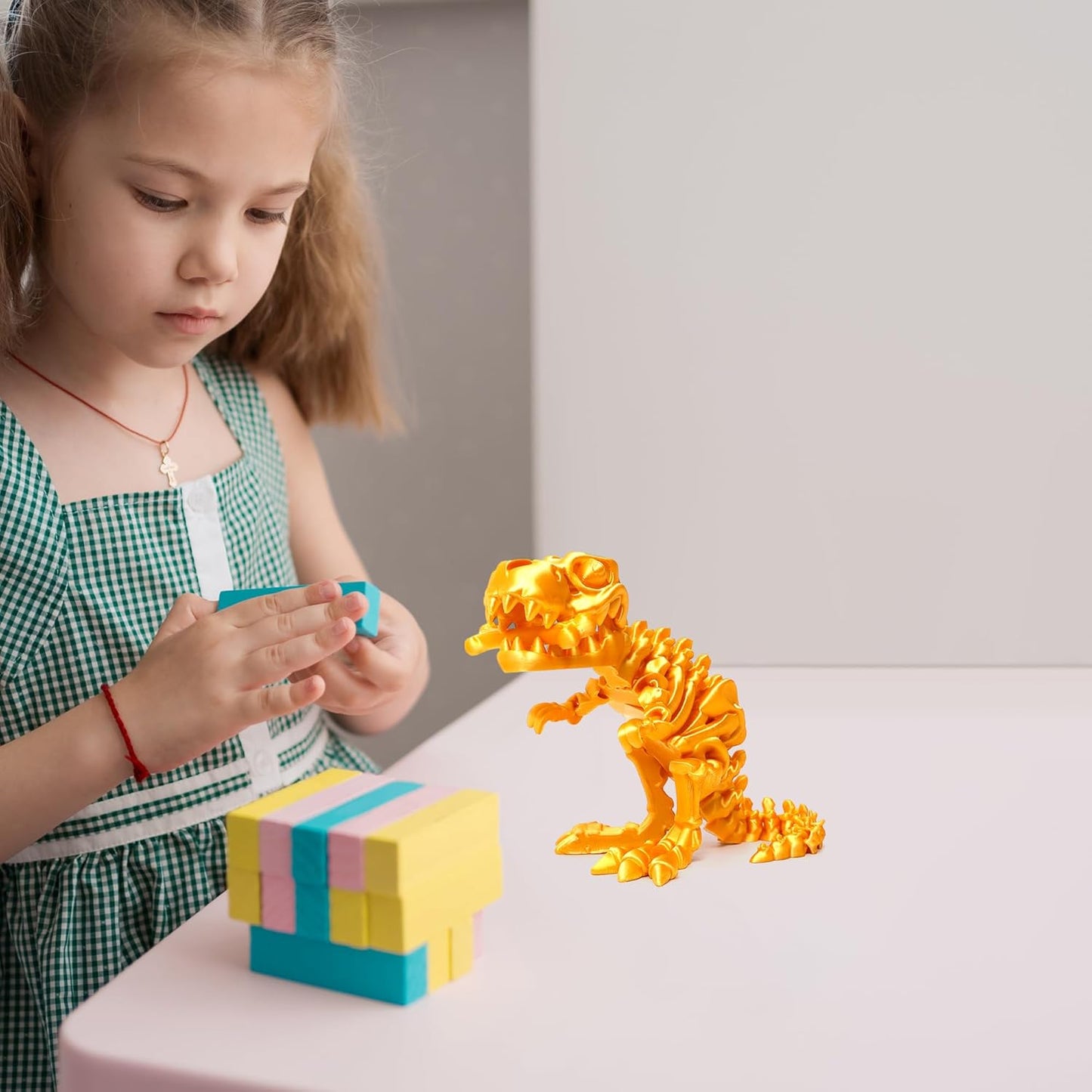 Flavery 3D Printed Dinosaur with Bones - 10 inch Flexible T-Rex Skeleton with Bones, 3D Fidget Toy, Birthday Gift, Dragon Collection, Desk Executive Toy - Gold