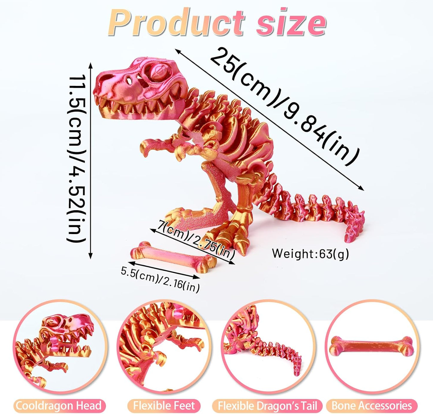 3D Printed Dinosaur Bone Skeleton Tyrannosaurus Rex with Movable Jaw Fidget Dinosaur Toys Full Articulated Dinosaur Executive Desk Toys Home Office Decor, Red Mix Yellow
