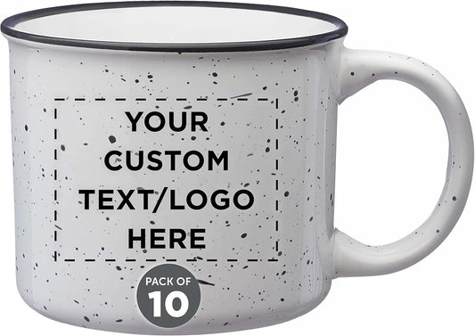 DISCOUNT PROMOS Custom Ceramic Campfire Coffee Mugs 13 oz. Set of 10, Personalized Bulk Pack - Perfect for Tea, Espresso, Cappuccino, Hot Cocoa - White