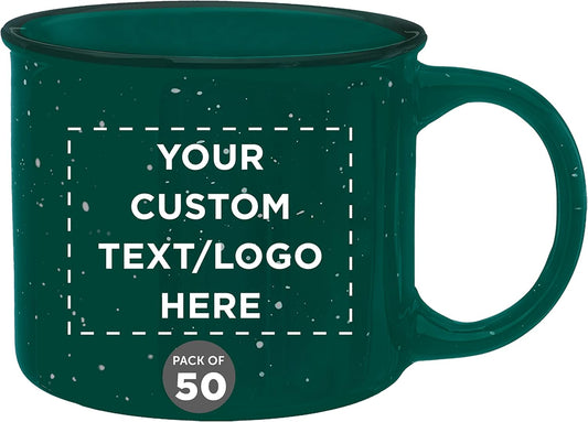 DISCOUNT PROMOS Custom Ceramic Campfire Coffee Mugs 13 oz. Set of 50, Personalized Bulk Pack - Perfect for Tea, Espresso, Cappuccino, Hot Cocoa - Green